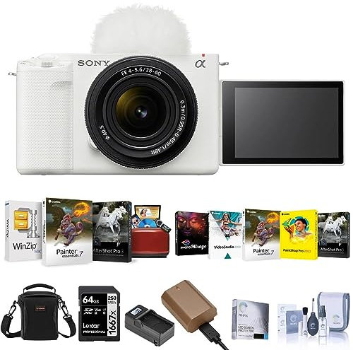 Sony ZV-E1 Mirrorless Camera, White with FE 28-60mm f/4-5.6 Lens, Bundle with NP-FZ100 Battery, 64GB Memory Card, Smart Charger & Software Kit