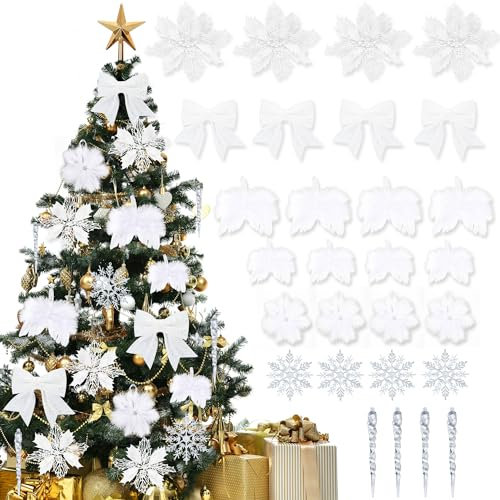 Abitoncc 32 PCS White Christmas Tree Decorations White Feather Christmas Decorations Flowers Christmas Decorations Christmas Bows for Trees Christmas Tree Decorations White Xmas Tree Decorations