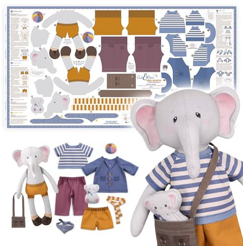 kullaloo Stoffpaneel zum Nähen von Puppen für Fortgeschrittene ✦ mit Videoanleitung ✦ Puppenschnitt & Nähen Stoffpaneel mit Kleidung: Dress Me Bestie Eddy Elephant