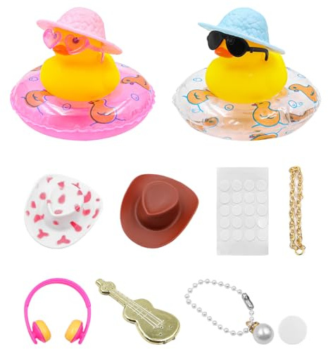 ANCLLO 2 Stück Gummi-Ente, Dekoration, Armaturenbrett, gelbe Ente mit Hut, Sonnenbrille, Kette, Donut-Gitarre, für Badezimmer, Schlafzimmer, Ornamente