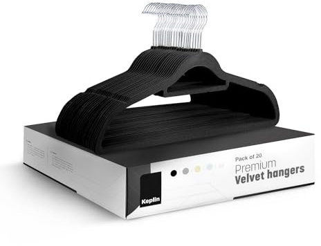 KEPLIN Velvet Hangers 20 Pack - Non-Slip Clothes Hangers with Tie Bar & 360° Hook - Durable & Sturdy, Space-Saving Wardrobe Organisers for Suits, Jackets & Clothes- Home Storage Solution (Black)