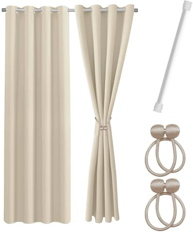 Cozyor Praktisches Set ohne Bohren: 2X Vorhang + 1x Klemmstange 70-120 cm + 2X Raffhalter mit Magnet Blickdicht & verdunkelnd, als Raumteiler, Fenster & Tür Beige Thermovorhang 240x135cm