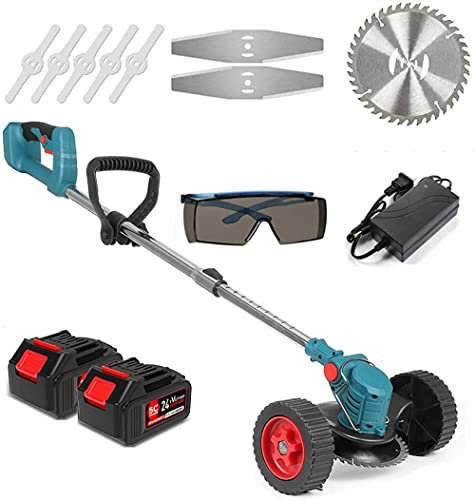 Suuim Coupe-Herbe sans Fil 24 V, Coupe-Herbe léger avec Lame de Rechange, poignée télescopique, Accessoires de Roue de Chariot