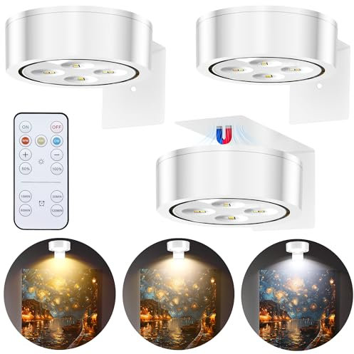 3 Pezzi Luce per Quadri, Luci LED a Batteria con Telecomando, 3 Modalità di Illuminazione Dimmerabili e Timer, Magnetiche Lampada per Quadri, per Soggiorno, Camera da Letto, Studio - Bianco