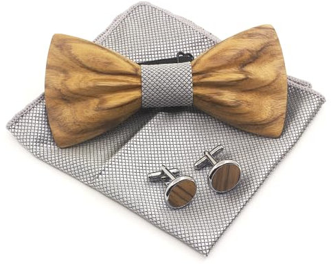 Cyriacus Holzfliege Set Herren Holzfliegenset Fliege aus Holz,für Hochzeit Aufführungen Geschenk Abschlussball argentato