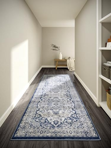 Villeroy & Boch Kurzflor Teppich Gabrielle - Klassischer Wohnzimmerteppich - Traditioneller Teppich für Wohnzimmer, Schlafzimmer, Esszimmer, Flur, Küche – Creme Blau, 80x240cm