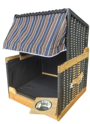 Hundebett Katzenbett Hundestrandkorb Haustierbett Polyrattan gewebt für Innen- und Außenbereich, schwarz, gestreift, Holz, Kunststoff,Maße: 80L cm x 65B cm x 96H cm