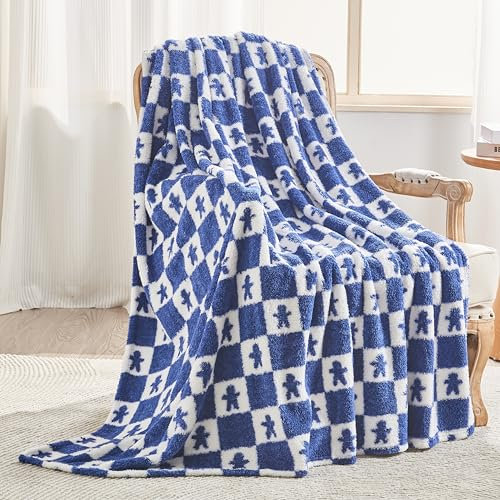 EMME Kuscheldecke Flauschige Sherpa - Lebkuchenmann Decke, 200 x 230 cm, Weiche Warme Wolldecke & Fleecedecke, Tagesdecke, Überwurfdecke, Decke für Sofa, Couch, Marineblaue