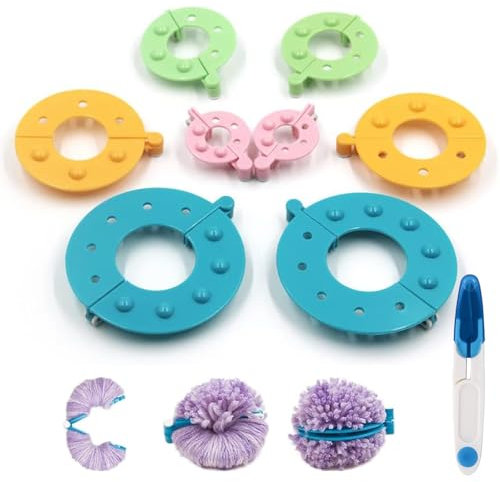 WOLMIK Kunststoff Pompom Maker Set - 8 Stücke Fluff Ball Weaver Nadel PomPom Maker Sets, 4 Größen 3,5/5,5/7 / 9 cm Pom Pom DIY Maker mit 1 Bastelscheren, Wool Garn Knitting Handwerk Werkzeug Set