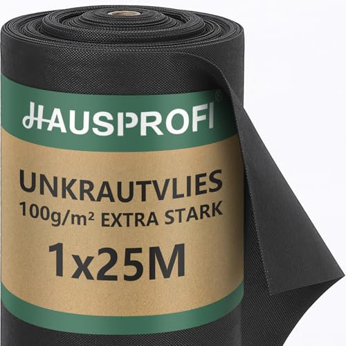 HAUSPROFI Premium Unkrautvlies 100g/m² - Hochdichte Unkrautfolie Wasserdurchlässig & Reißfest - UV-Stabil Gartenvlies aus Recycelbar PP - Umweltfreundlich & Knitterfrei, 25m x 1m