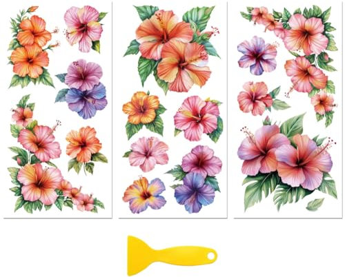 Peacoblue Aufkleber für Möbel 3Pcs Bunte Hibiskusblüten 15cmx30cm, UV DTF Wasserdichter Japanischer Möbelfolie-Transfer für Kommoden, Glas, Porzellan, Holz, Kunststoff