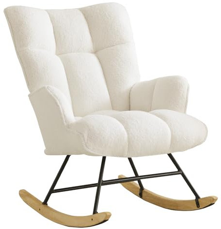XH.Easy Go Rocking Chair Nursery Teddy Upholstered Glider Rocking Accent Chairs Padded Seat with Rubber Wood Legs Armchair Comfy Side Chair for Living Room Bedroom Offices (Ivory Teddy)