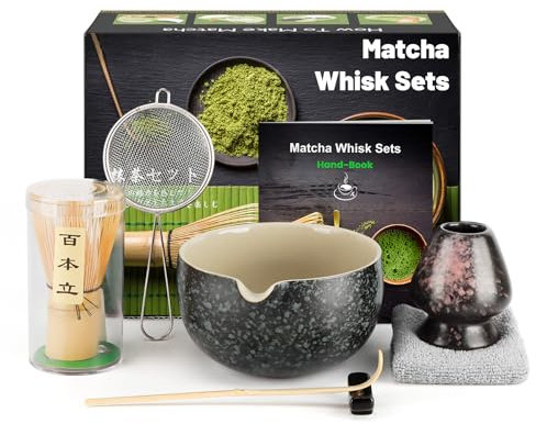 Kit de Ceremonia Japonesa del Matcha de 7 piezas, Batidora de Matcha de Bambú, Cuenco de Matcha, Cuchara, Colador, Portacucharas, Soporte para la Batidora, Juego Completo de Matcha, Negro jaspeado