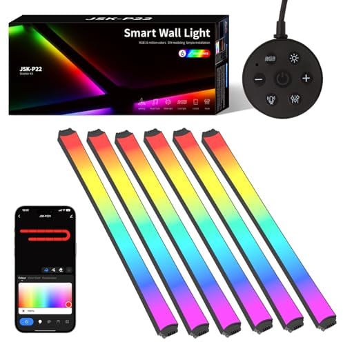 Smart LED Wall Lights, Music Sync Voice Control DIY RGB Light Bar with 16M+ Color & 44+ Scenes, Dimmable Home Decor Wi-Fi Wall Light for Gaming Room TV Bedroom (6 Lines)
