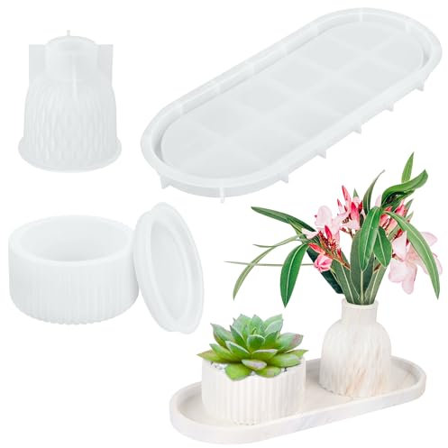 Marsred 4 Stück Silikonformen Gießformen, Sukkulente Kaktus Gießformen mit Deckel + Gießform Vase + Silikonform Tablett, Wiederverwendbare Gießpulver Formen, Blumentöpfe Resin Formen