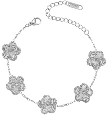 FUNIO Kleeblatt Armband für Damen - 18 Karat Gold Armband Armreif Glücksarmband Schmuck Geschenk für Damen (Silberfarben)