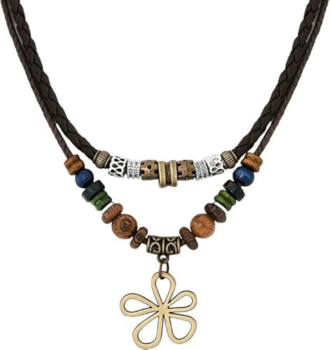 Hanary Ethnic Boho Colorful Braided Rope Necklace, Multi-Layered, Wooden Beads, Copper Butterfly Pendant, Women's Jewelry