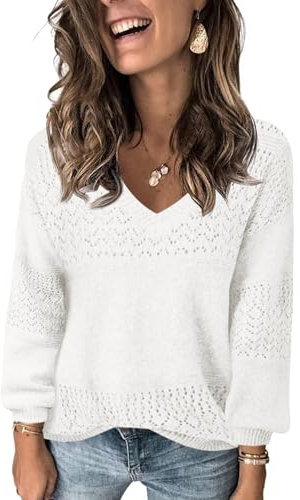 Fisoew Suéter Acanalado de Manga Larga con Cuello en V para Mujer | Jersey de punto acanalado para mujer con cuello de pico y manga larga