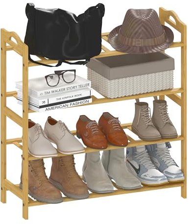HOMCOM 4-Tier Bamboo Shoe Rack 67.5 x 24.7 x 72 cm Natural Wood Finish | Freestanding Storage Shelving Unit, for 12 Pairs of Shoes, Shelf Stand, Hallway, Living Room, Bedroom