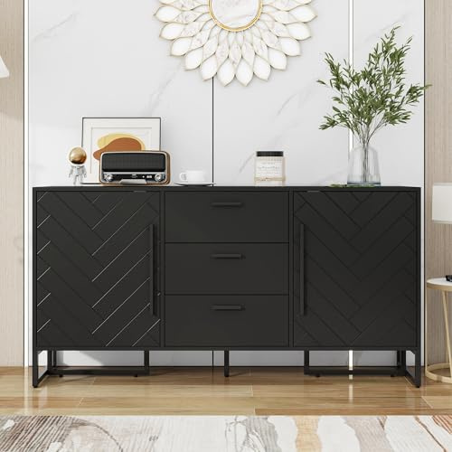 Schwarzes Elegantes Sideboard mit Fischgrätenmuster, mit 2 Türen und 3 Schubladen für Esszimmer, Küche und Wohnzimmer