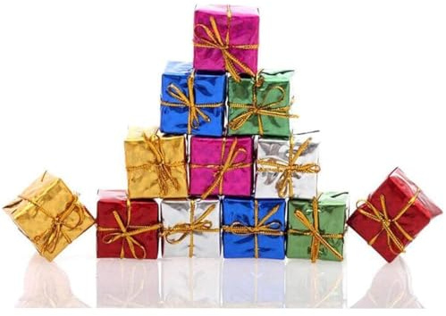 Miniatur Geschenkboxen für Weihnachten, Metallic Multicolor, Gold Kordel, Christbaumschmuck Dekoration (Farbe, 6cm) 12 Stück