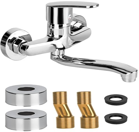YYTECH Grifo de Cocina Montaje en Pared, Grifo de Pared 360° Giratorio, Mezclador de Cocina, Monomando, Fregadero, Fregadero de Agua Fría y Caliente, Batería de Mezclador, Brazo Giratorio de 24cm