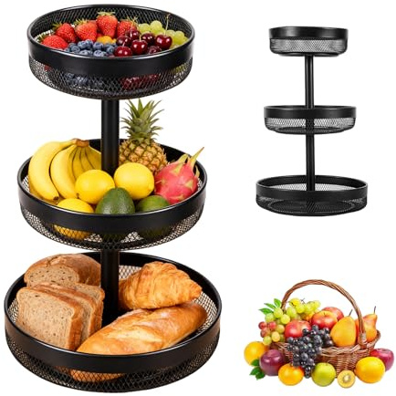 Spalivivre Obst Etagere mit 3 Etagen, Rund, für Obst, Gemüse und Snacks | Metall Obstschale, Abnehmbar Obstkorb Etagere, Einfache Montage, 30x30x49cm, Schwarz