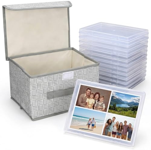 Punorric Photo Storage Boxes 5x7 - Photo Organiser Box 10 Inner Small Boxes, Clear Craft Storage & Non-Woven Memory Box with with lids for Cards Pictures Stamps Office Supplies
