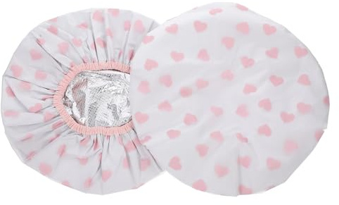 DECORNIJIA 2pcs Double Layer Shower Caps for Women Reusable Static Hair Caps with Self Heating Tinfoil Design Cute Heart Pattern for Long Hair Care