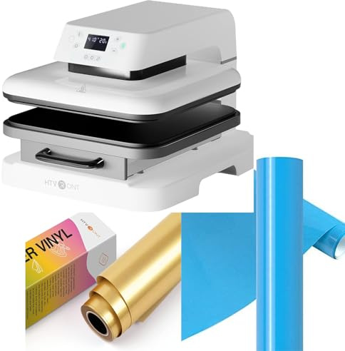 HTVRONT 15x15 (38cm x 38cm) Auto Heat Press Machine + 12 x 5ft Blue & 12 x 10ft Gold Heat Transfer Vinyl