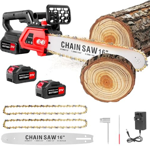 16 Electric Chainsaw, 1800W Brushless Cordless Chainsaw, 21V Powerful Battery Chainsaws with 2 Rechargeable Batteries, 2 Chains & Chain and Guide Bar, 21,000 RPM Handheld Chain saws for Wood Cutting