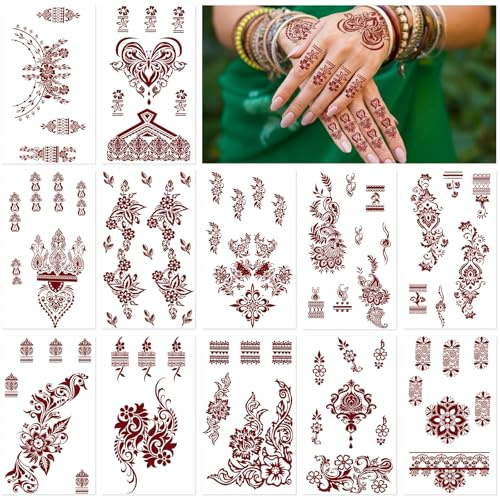 RAZET 12 Blätter Mehndi Tattoo Aufkleber Braun, Wasserfest Temporäre Tattoos für Erwachsene Mädchen, Realistische Tattoo Schablone Sticker für Hand Arm Körper, Ideal für Hochzeit Party HN-019-030