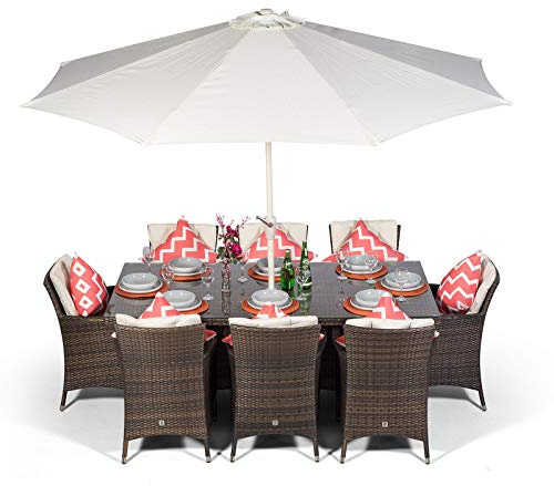 Giardino Savannah Rattan Garden Dining Set 8 Seater Outdoor Table & Chairs Patio Furniture with Parasol & Cover, Aluminium Frame, 200 x 100cm, Brown