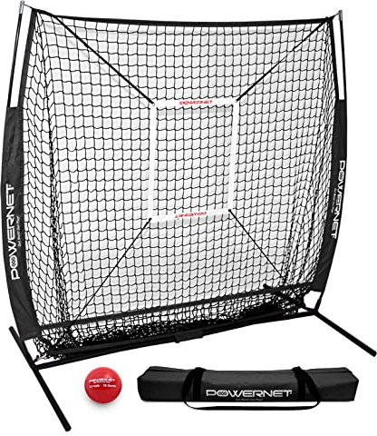 PowerNet 12,7 x 12,7 cm Übungsnetz + Schlagzone + gewichtetes Trainingsball-Set | Baseball-Softball-Trainingshilfe | kompakt, leicht, ultra-tragbar, Schlag-Pitching (schwarz)