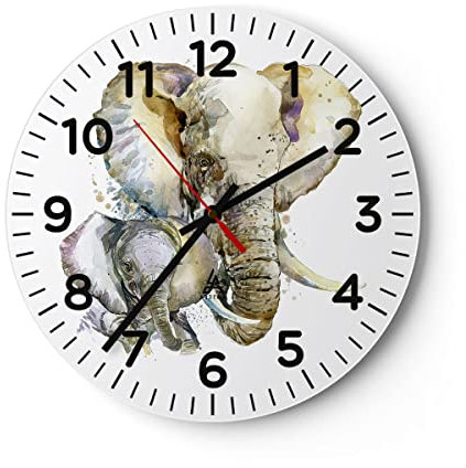 Modern Wanduhr Elefanten Tier Safari Afrika 30x30cm Rund Klein Wand Uhr Glas Analog Zimmeruhren Küche Büro Wohnzimmer Glasuhr Wall Clock Dekoration Design Wanddekoration Küchenuhr C4AR30x30-2884