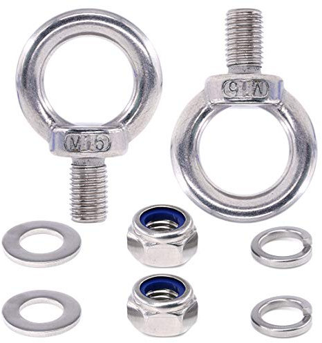 Swpeet 8Pcs 304 acero inoxidable M16 macho rosca elevación anillo ojo perno kit, incluyendo 2Pcs M16 ojo perno con 2Pcs tuercas de bloqueo, 2Pcs arandelas de bloqueo y 2Pcs arandelas planas