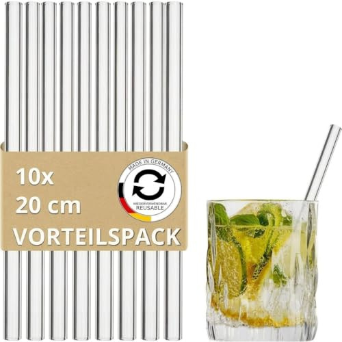 Glas Strohhalme 20cm, 10 Stück - Wiederverwendbare klarglas Trinkhalme aus Spezialglas, Nachhaltig: plastikfreie Glashalme ohne Kunststoff, Glasstrohalme für Cocktails, Smoothies, Saft, Long-Drings
