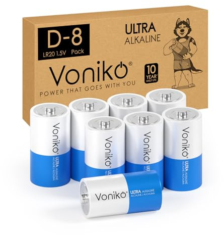 VONIKO Super Alkaline D Batteries - Size D 8 Pack - 10 Years Shelf Life and 6-9 Times Power as Carbon Batteries | Type D Battery 1.5V - D Batteries 8 Pack