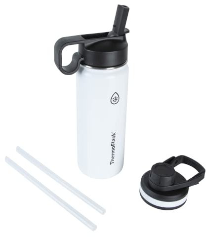 Thermoflask 18 oz Double Wall Vacuum Insulated Stainless Steel Water Bottle with Spout and Straw Lids, White