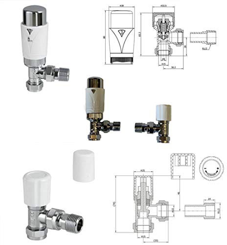 3 x 15mm Angled TRV Thermostatic Radiator Valve & 15mm Angled Wheel Head or Lock Shield Valve fits Drayton TRV 4