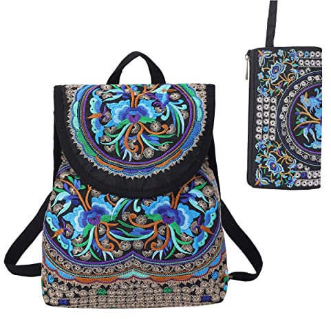 Vintage bestickte Frauen Rucksäcke Boho Rucksack Geldbörse Ethno Reise Schultertasche für Frauen Junge Mädchen, Blaue Blume mit Armband, Medium
