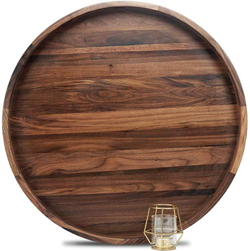 MAGIGO 24 Inches Extra Large Round Black Walnut Wood Ottoman Tray with Handles, Serve Tea, Coffee or Breakfast in Bed, Classic Circular Wooden Decorative Serving Tray