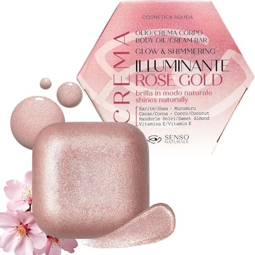 Senso Naturale Olio Illuminante Corpo Solido Rose Gold Crema Abbronzante Corpo con Brillantini Shimmer per una Pelle Luminosa, Idratante Nutriente, Vitamina E, Burro di Karitè, Naturale Vegano