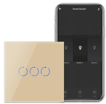 CNBINGO Interruptor de luz WiFi/WLAN, Smart Touch Switch Work con Alexa/Google Home, panel de vidrio del sistema táctil y LED de estado, 3 bandas de 1 vía Oro, escala neutral se requiere