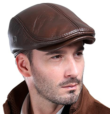 BOTOWI Efeu-Hut für Herren aus echtem Leder, Ballonmütze, klassisches Rindsleder, Gatsby-Fahrerhut, Herbst-Winter-Jagd-Fischen-Hut