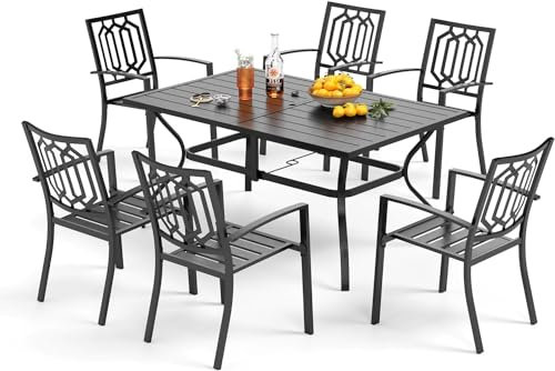PHI VILLA Gartenmöbel Set Wetterfest 7-teilig mit rechteckigem Tisch und 6 Outdoor Stapelbare Gartenstühlen Terrassen Outdoor Bistro Garten Möbel Sets Metall Schwarz