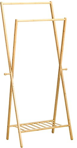 HOMCOM Perchero de Pie de Bambú Perchero con Estante para Zapatos Colgador de Ropa con 2 Barras y 2 Ganchos para Colgar para Pasillo Entrada Dormitorio 74x42x150 cm Natural