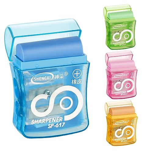 OFFCUP Anspitzer Bleistift, 4 Stück Bunter Doppelloch Bleistiftspitzer, Bleistiftspitzer mit Radiergummi, Anspitzer Dicke Buntstifte für Schule Büro, Zuhause, Bürobedarf