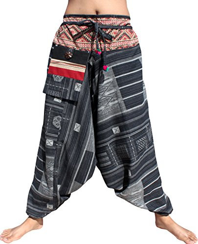 RaanPahMuang Premium Cotton Yoga Harem, Boho Pants for Women, with Side Pocket, Hippy Baggy Tribe Pants, Striped Cotton - Geometric - Black, Large-X-Large