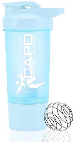 CAPO, Bottiglia Fitness con Contenitore per Proteine e Pallina Shaker, Borraccia per Frullati Proteici, Allenamento in Palestra, Unisex, Azzurro e Grigio, 400 ml